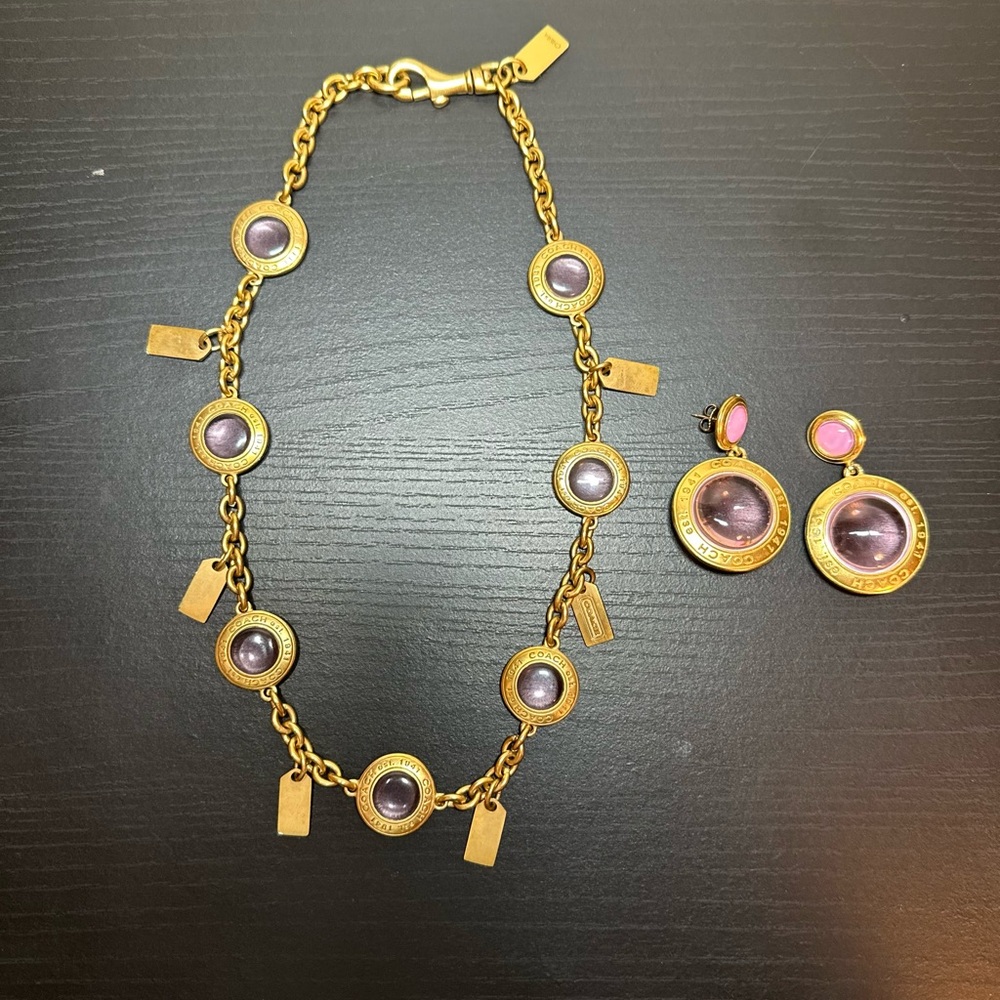 Coach Gold-Tone pink Stone Necklace and Earring Set